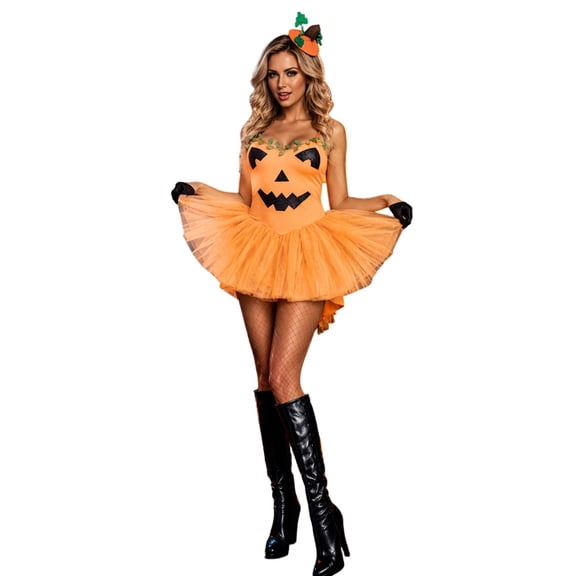 Likimi Halloween Womens Outfit Set For Stage Show Dress Up Hallowmas Pumpkin Costume Dress With Hat For Performance Fashion Cosplay Set Size One Size