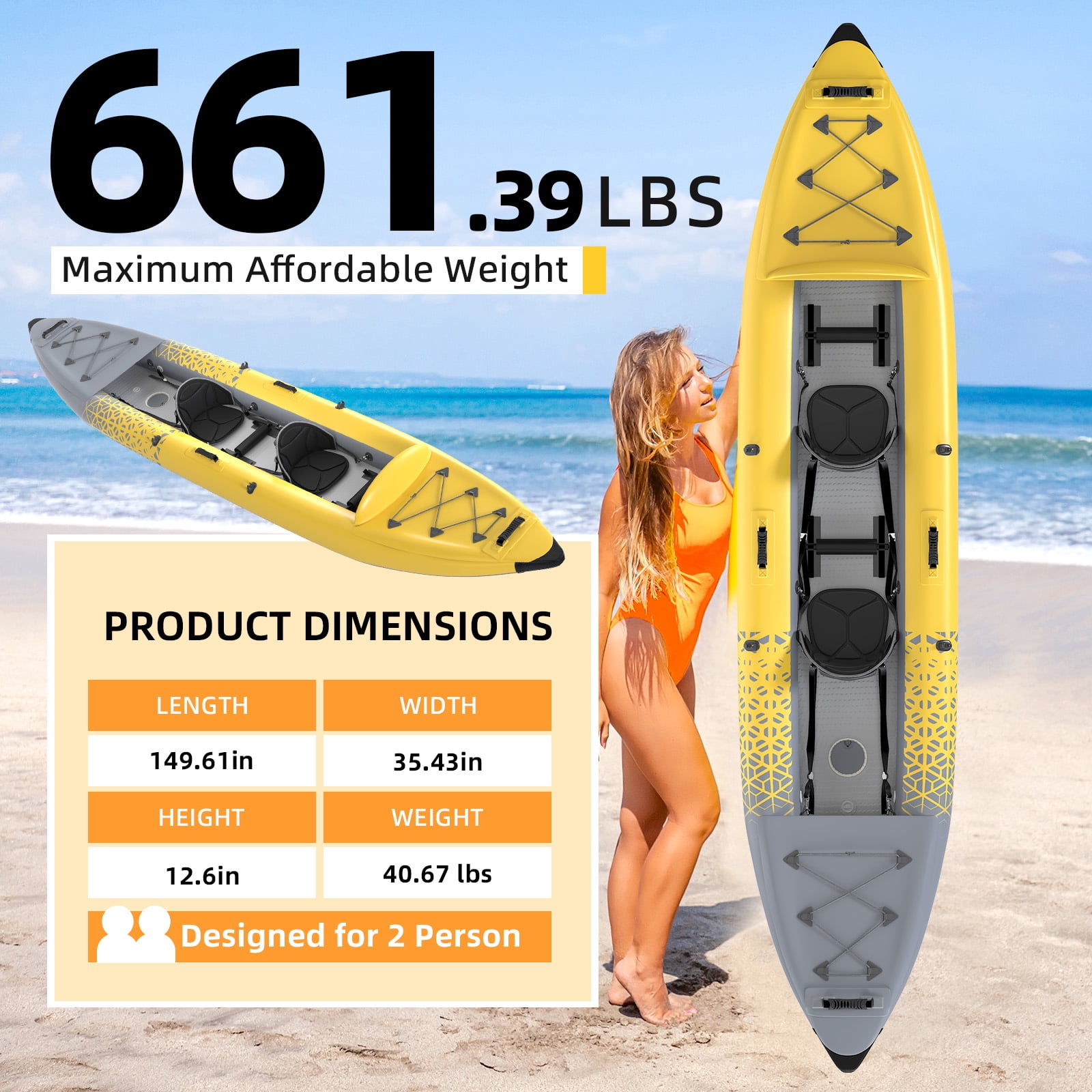 Danrelax 2-Person Inflatable Kayak for Adults, Drop-Stitch Floor, Tandem Kayak, Yellow