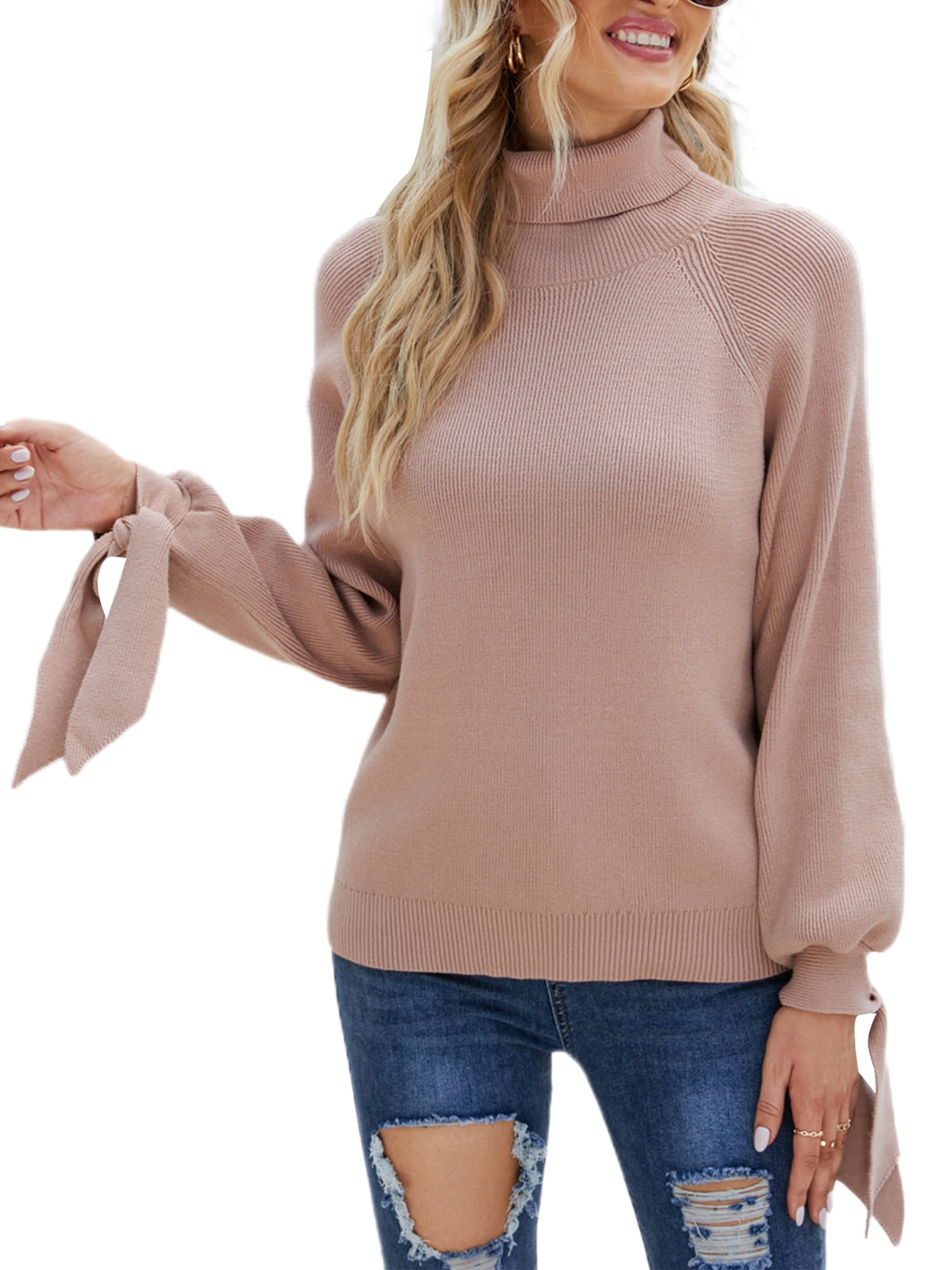 Paille Women Lace Up Elegant Sweater Loose Work Jumper Tops Long Sleeve  Travel Pullover Knitted Sweaters Khaki L - Walmart.com