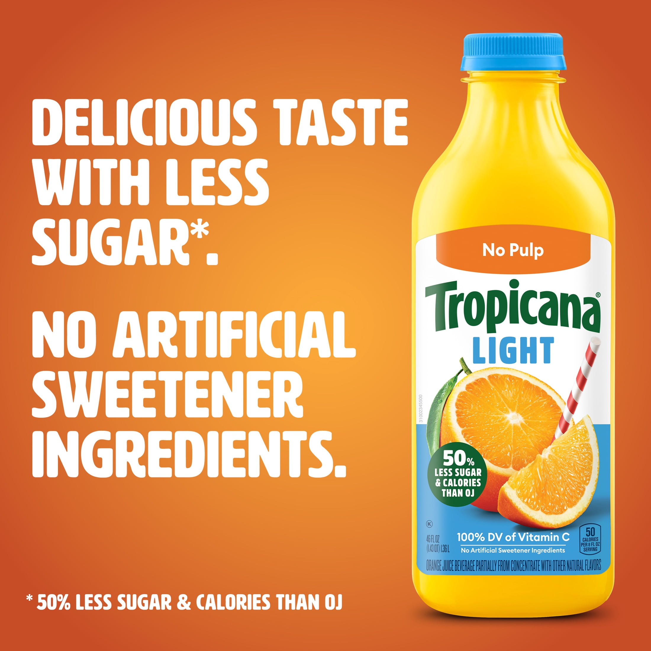 Tropicana Light Orange Juice Beverage, No Pulp, 46 fl oz Bottle