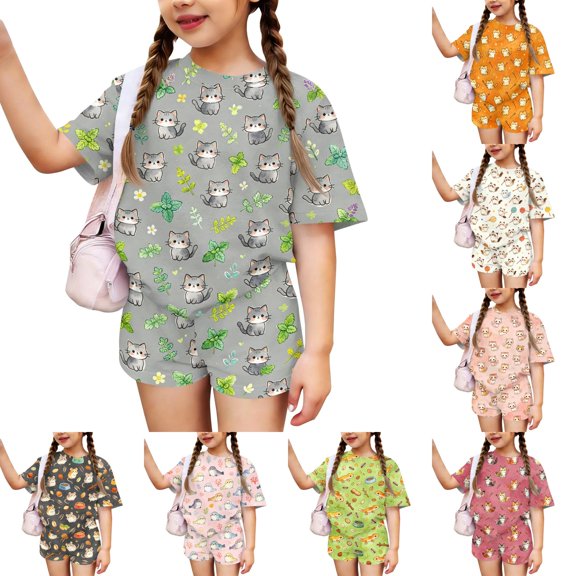 Grblisyd Girls 2 Piece Outfits Cute Animal Print Short Sleeve Crew Neck Tops and Elastic Waist Shorts Set Soft fashion Clothing Sets