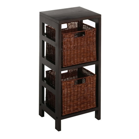 Winsome Wood Leo 3-Pc Storage Set  2-Section Shelf & 2 Wicker Walnut Baskets  Espresso Finish