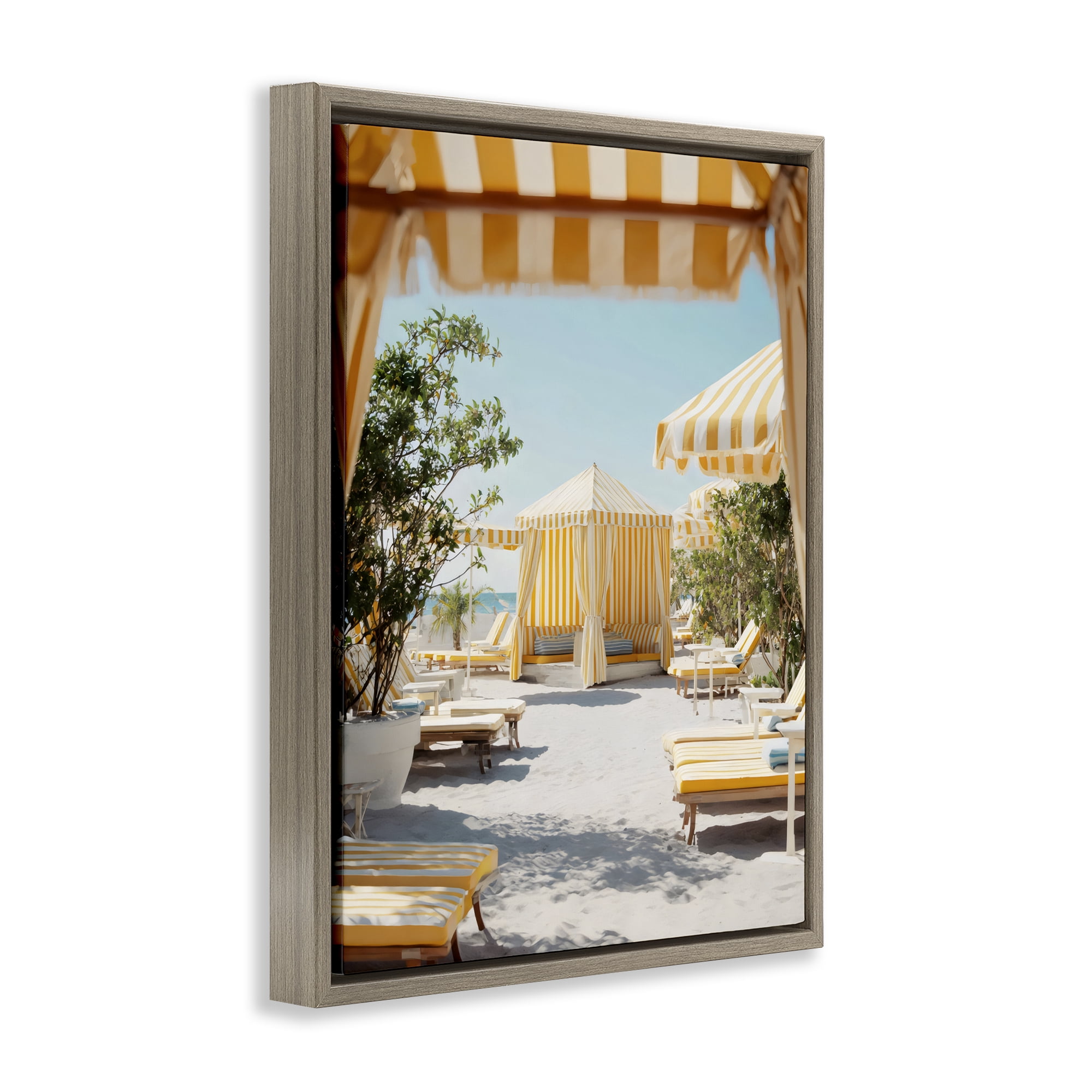 Stupell Industries Yellow Striped Beach Cabanas Brown Framed Floater Canvas Wall Art, design by Franklyn Gregory