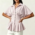 thumbnail image 6 of SSZMDLB Women Collared Short Sleeve Button Down Pleated Peplum Top Casual Blouse Solid Basic Shirt Office Outfits Summer Work Tops, Red L, 6 of 6