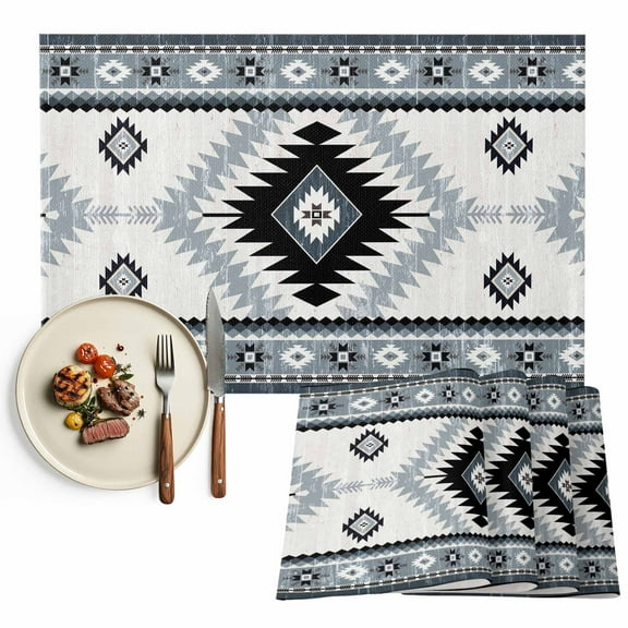 Placemats Set of 6, Haze Blue Bohemian Place Mats Aztec Boho Tribal Tablemats Washable Placemat Table Decoration for Kitchen Table Dinner Party Home Decor Indoor Outdoor 13x19 Inch