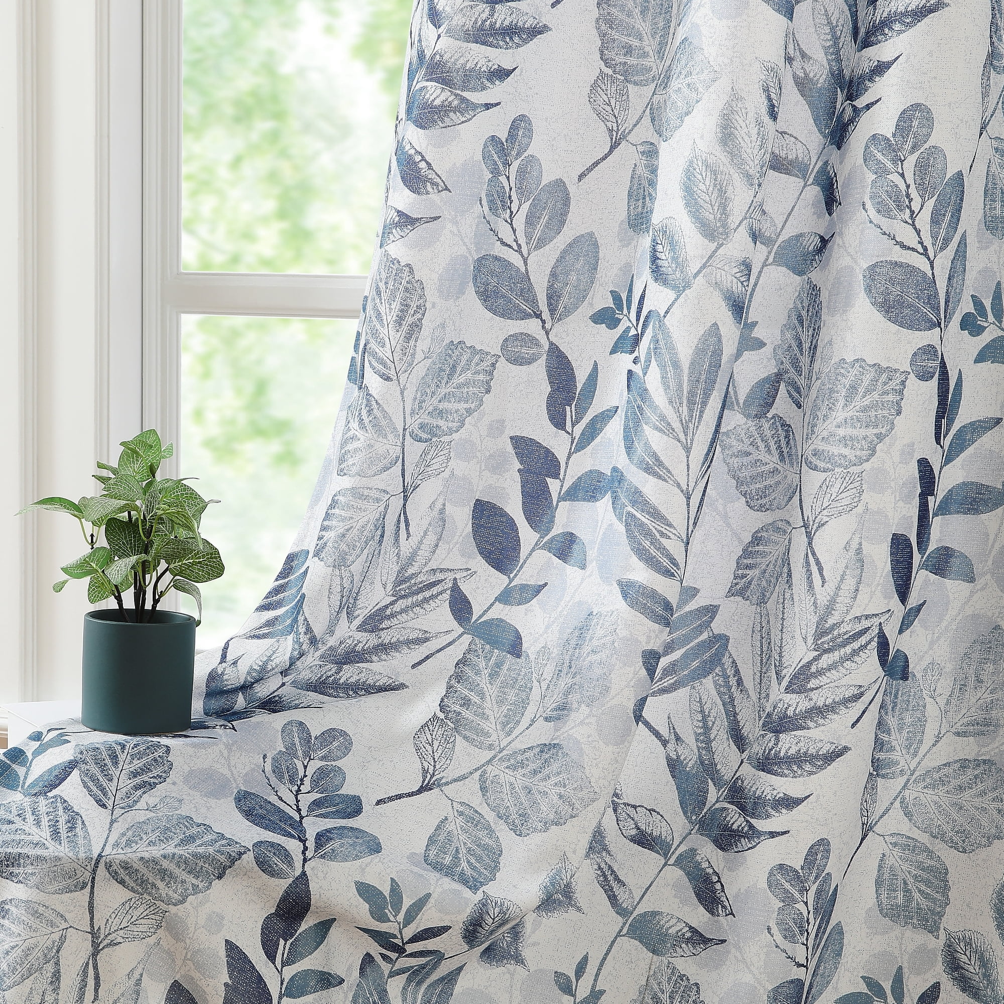 Bohogeo Linen Curtains for Living Room 84 inch Length Leaf Print Botanical Sheer Curtains Natural Texture Soft Touch Light Filtering Privacy Protect Drapes, Blue, 55" Wide, Set of 2 Panel