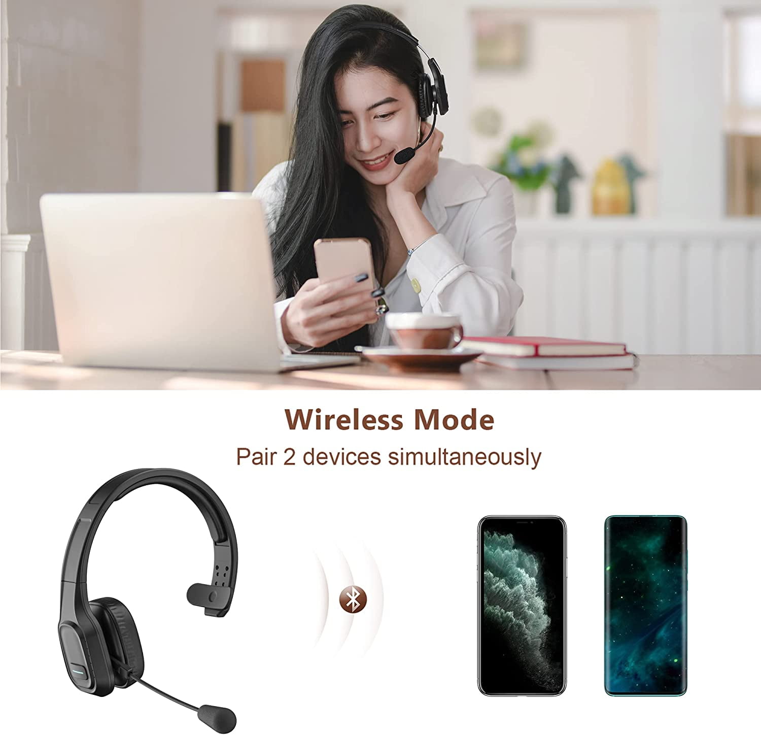 Swiifome Trucker Bluetooth Headset V5.0 with Noise Canceling&Mute Microphone for Cell Phones for Trucker, Home Office, Skype