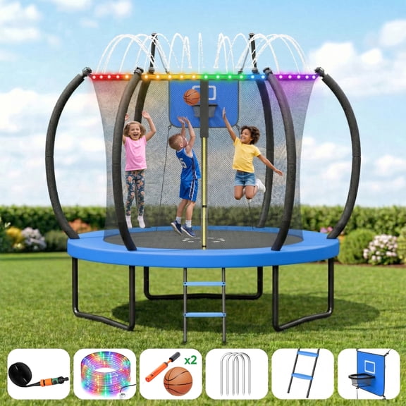 Outdoor Trampoline,Fashionsport Outfitters 8FT Round Jumping Trampoline with Ladder,String light,Sprinkler,Basketball Hoop Board,Recreational Backyard Trampolines Anti-Rust for Kids Gift