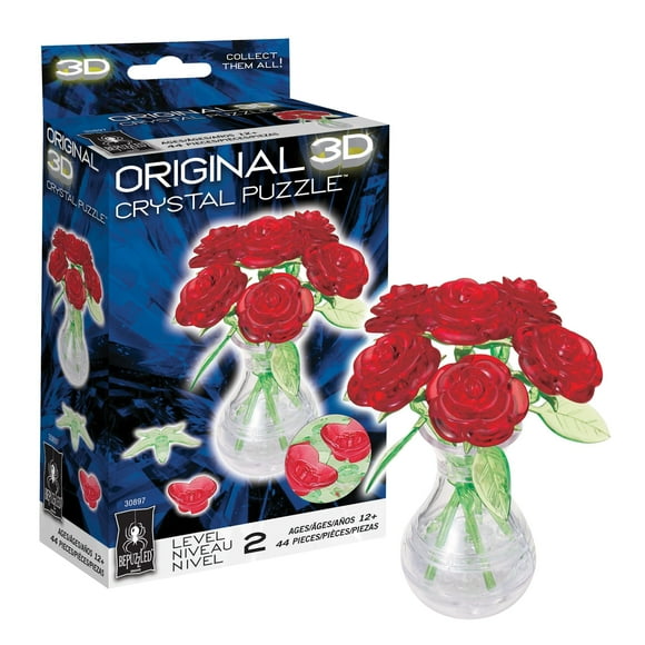 Puzzle de cristal 3D BePuzzled con rosas en jarrón para más de 12 años, color rojo