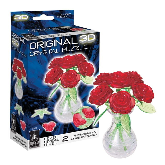 Puzzle de cristal 3D BePuzzled con rosas en jarrón para más de 12 años, color rojo