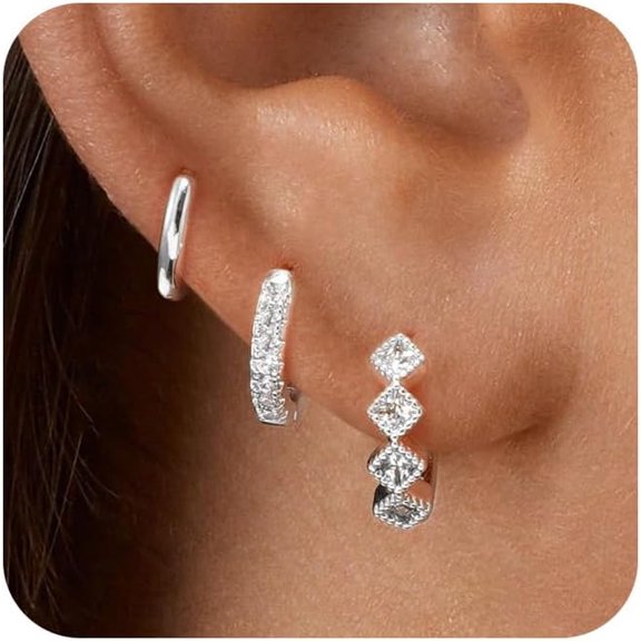 3 Pairs Silver Fine 925 Women's Earrings Set-Gentle On Skin 14 Carat White Gold Plated Earrings, Silver 925 Ear Studs Rhombic CZ Hoops,-Ideal for Multiple Piercings[t476]