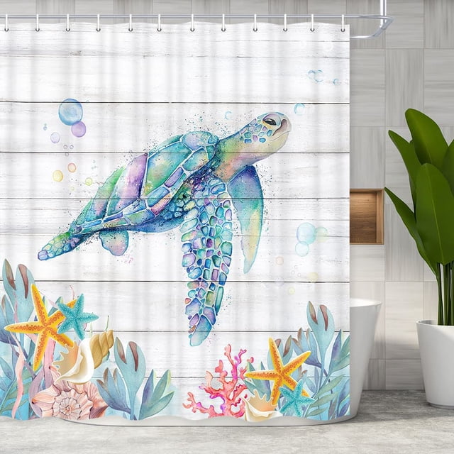 Cortina de ducha de tortuga marina para baño, tortuga de animales marinos en tablones de madera rústica, playa costera, juego de cortina de ducha de tela de tortuga marina, cortina de ducha con 12