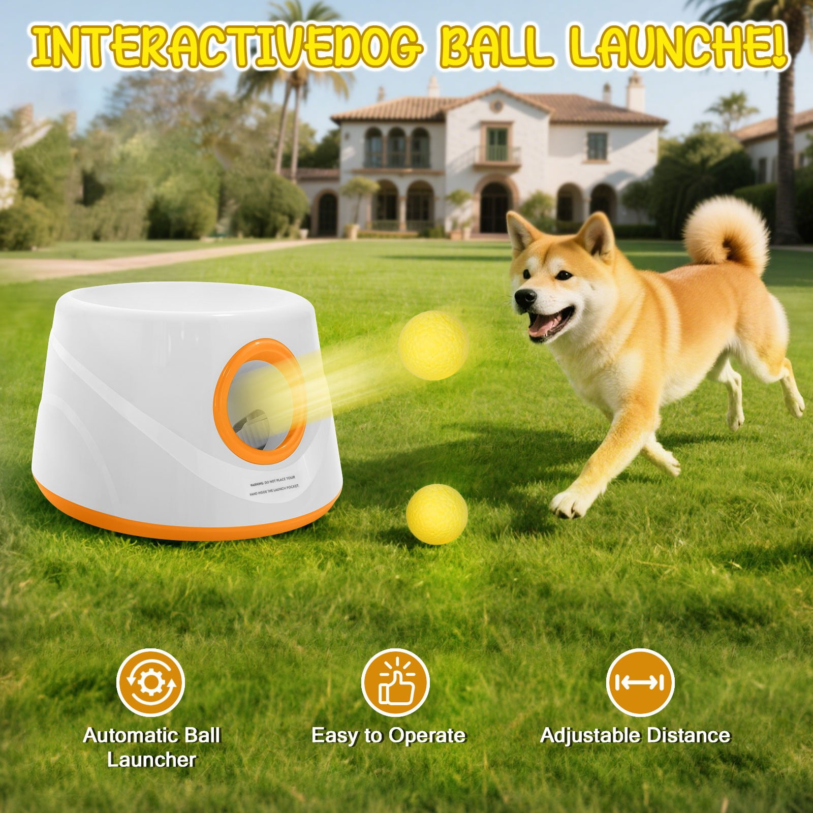 TOPCHANCES Automatic Tennis Ball Launcher for Dogs, Interactive Dog Toys for Samall & Medium Dogs, Dog Ball Thrower with 3 Launching Distance (19/32/45 ft), 5 Balls Included (Orange)