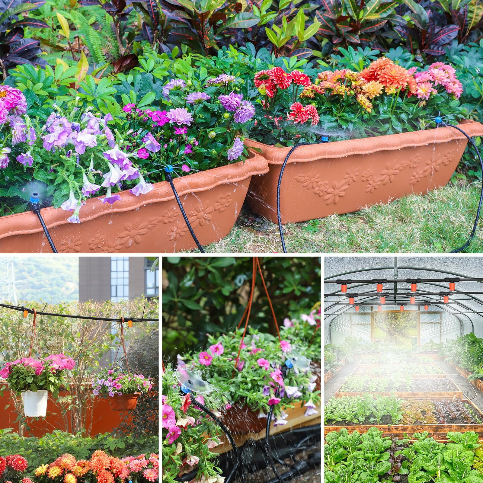 Greenhouse Drip Irrigation Kit Automatic System Patio Misting Plant Watering With 1/4 Inch 1/2 Tubing Hose Adjustable Nozzle Emitters Barbed Fittings