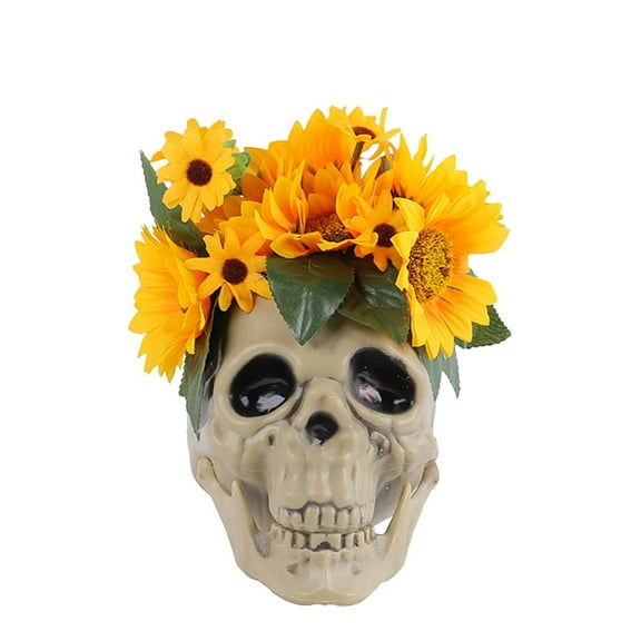 BNNG Halloween Sculpture Decoration 7 Inch Statue Desktop Ornament With Flower Headwear For Halloween Day Of The Dead Home Decoration Party Props Creative Gift Themed Activity Props
