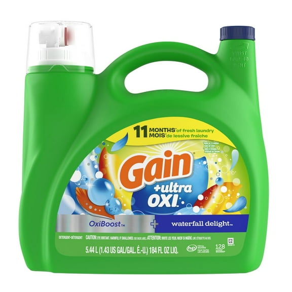 Gain Ultra Oxi Liquid Laundry Detergent, 128 Loads, 184 Fl Oz, Waterfall Delight Scent, 2-In-1, He Compatible