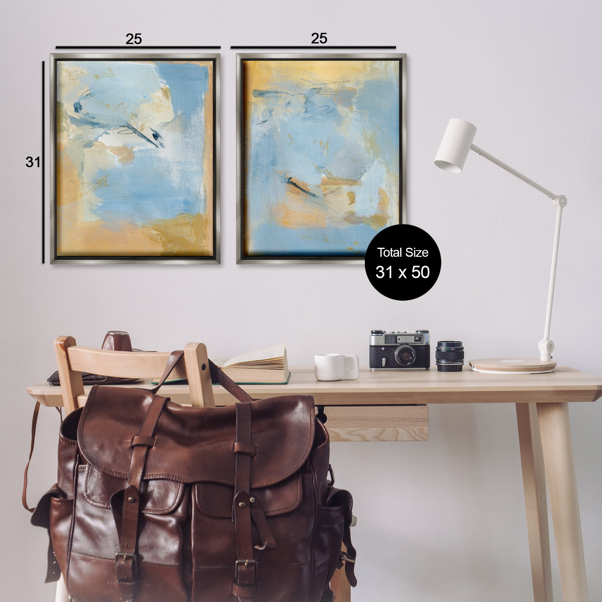 Stupell Industries Light Blue Pastel Gold Abstract Painting Gray Floater Framed Canvas Art Print Wall Art, 31 x 25, Set of 2