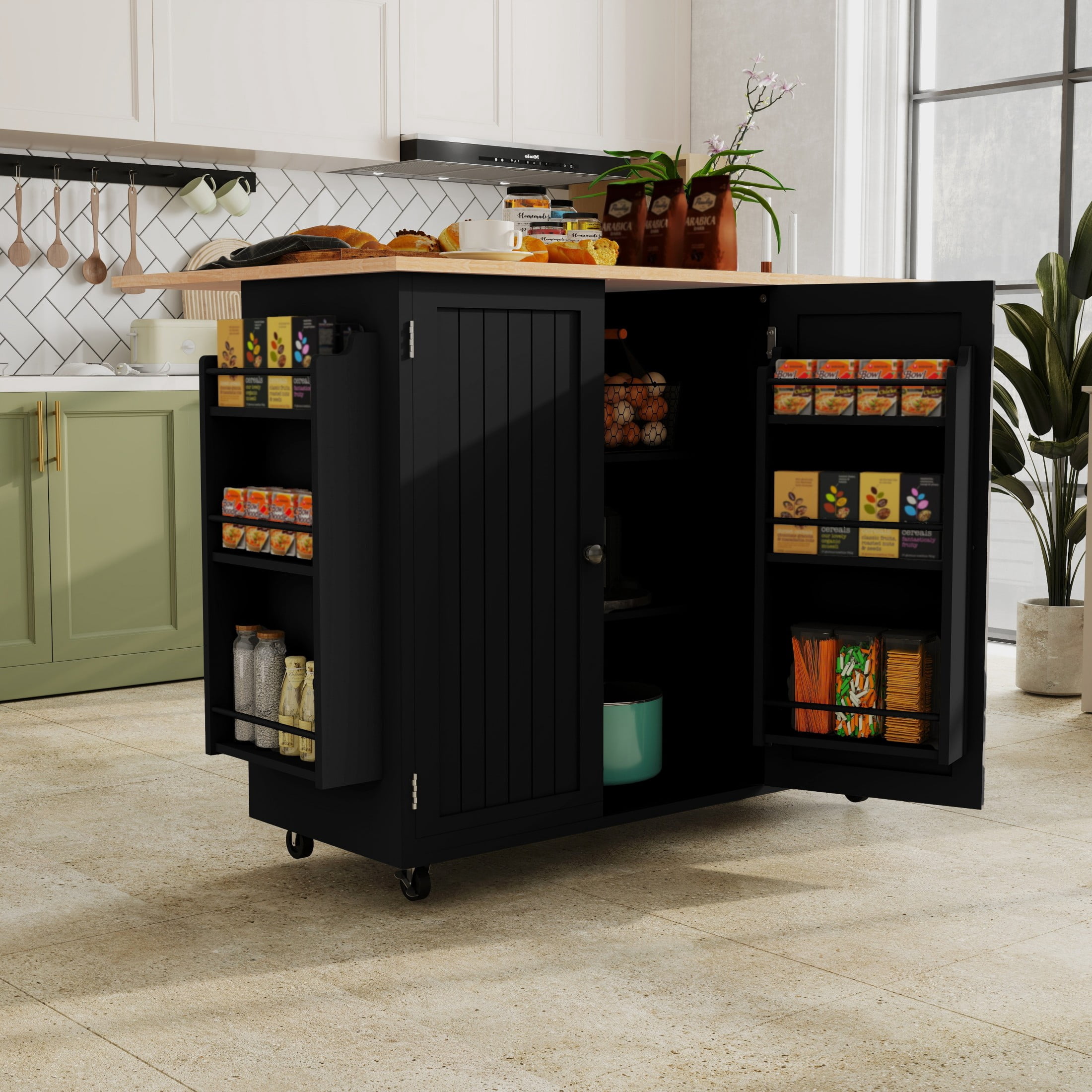 50.4" Kitchen Island with Storage,  Expandable Solid Wood Top Cart with Drop Leaf and Wheels, Black