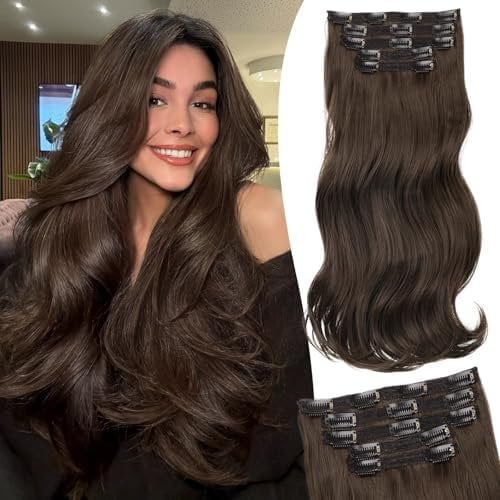 Clip in Synthetic Hair Extensions Layered Long Wavy 5 count Thick Hairpieces  Brown Synthetic Double Weft  Hair Extensions 16 Inch for Women