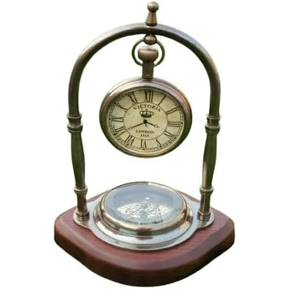 Engraved Victorian Style Nautical Desk Clock with Compass, Wooden Stand, Vintage Decorative Table Timepiece Gift for Anniversary or Couple