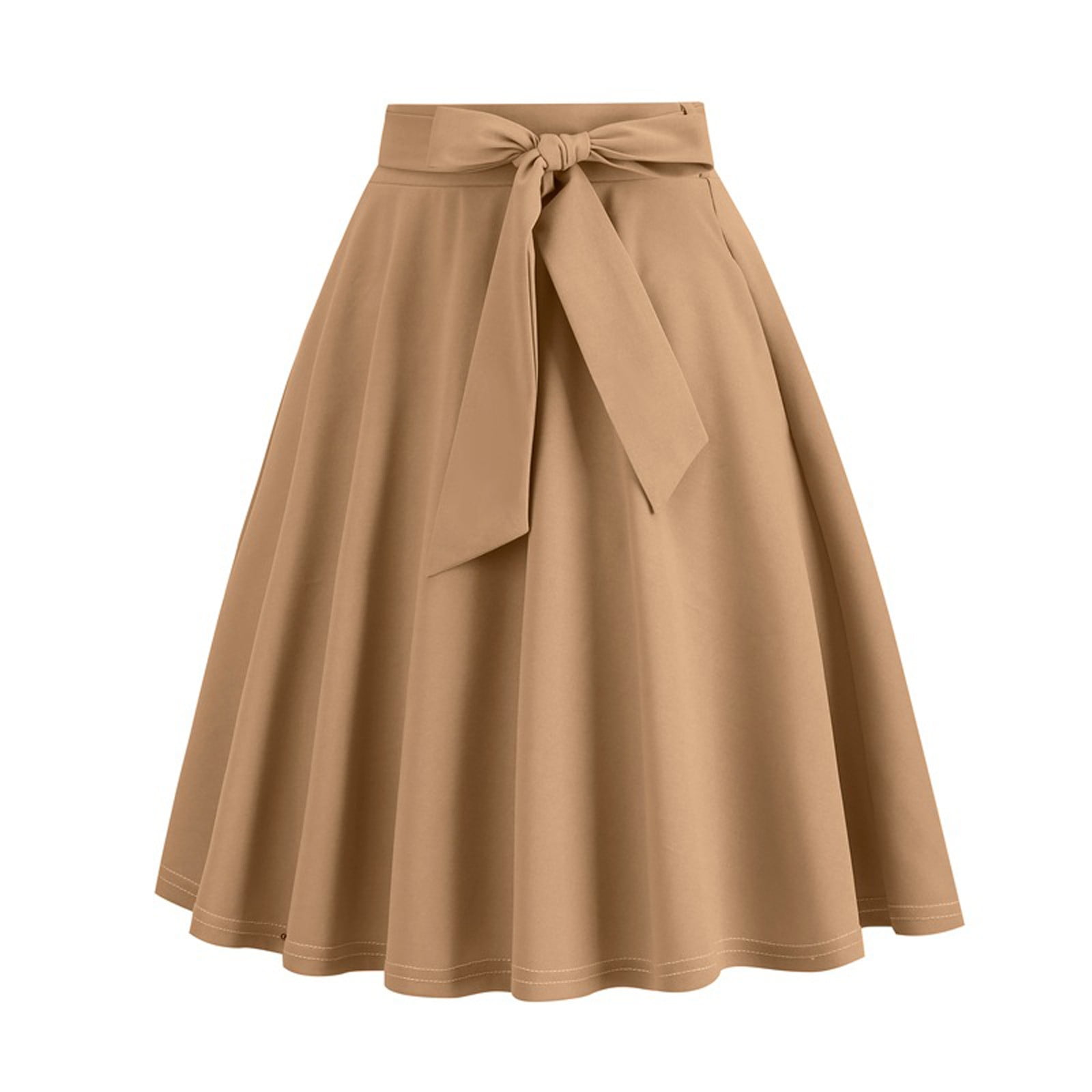 Cavosen Skirts for Women Trendy Summer Midi Half Length Skirts Flare Summer Skirts High Waist Solid Color Summer Skirts Vintage Retro Strappy Dress Athletic Beachwear Brown 2XL