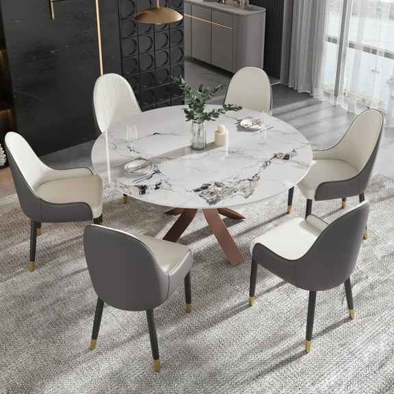 LovingAHome 53'' Round Faux Marble Dining Table for 6, White Sintered Stone Top with Gold Pedestal