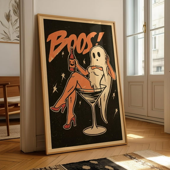 YaHaku Retro Halloween Pin Up Ghost Poster Here For The Boos Vintage Halloween Bar Decor Spooky Cocktail Party Wall Art Martini Art