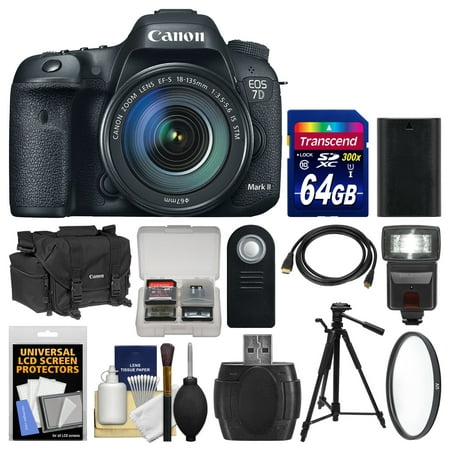 Canon EOS 7D Mark II GPS Digital SLR Camera & EF-S 18-135mm IS STM Lens with 64GB Card + Case + Flash + Battery + Tripod + Filter + Remote