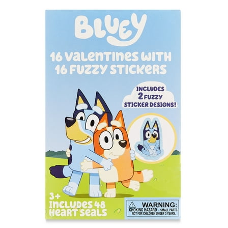 Bluey Valentine Greeting Card Set with Fuzzy Stickers, Valentine's Day, Paper, Blue, Paper,16 Count