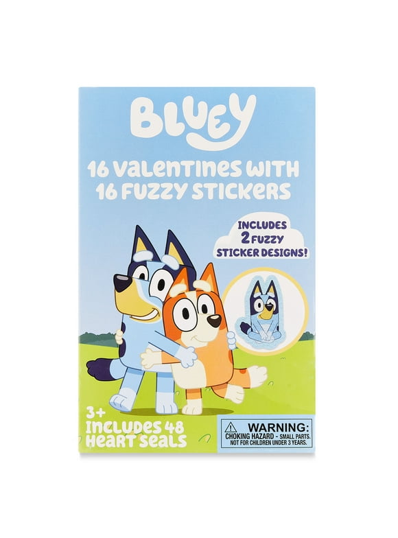 Bluey Valentine Greeting Card Set with Fuzzy Stickers, Valentine's Day, Paper, Blue, Paper,16 Count