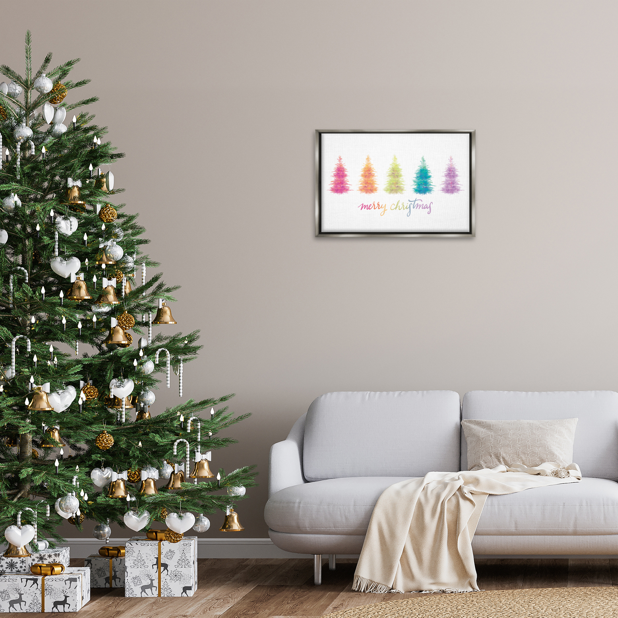 Stupell Industries Rainbow Christmas Trees Holiday Painting Gray Floater Framed Art Print Wall Art, 25 x 17