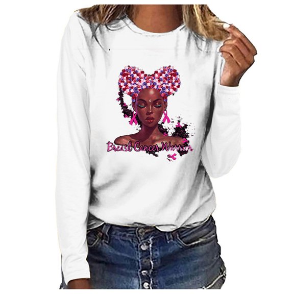 IROINNID Breast Cancer Pullover for Women Breast Cancer Awareness Casual Top Long Sleeve Sweatshirt Pullover Blouse,White