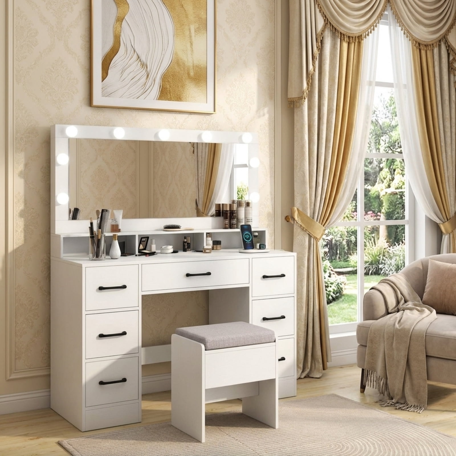 Furnibear Vanity Desk with Mirror and Lights and Cushioned Stool and Power Outlets USB Ports for Bedroom Makeup Room, White