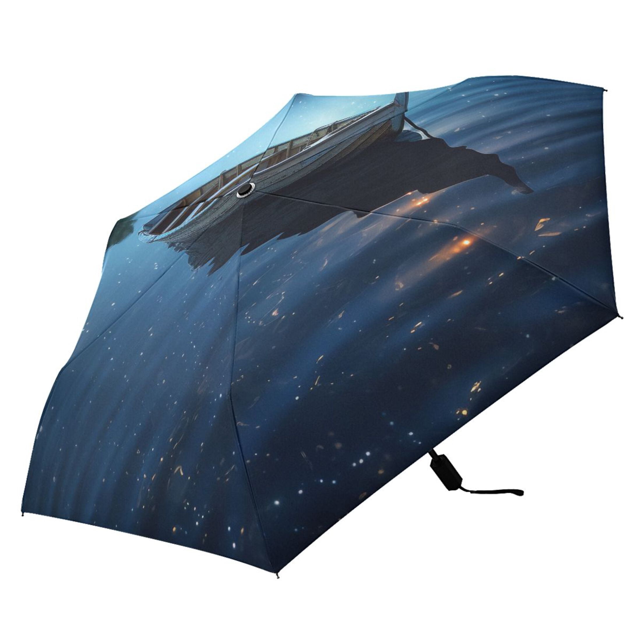 Boat in Night Compact Sun Umbrella Windproof Travel Umbrellas for Rain Strong Portable UV Protection