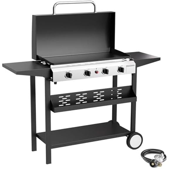 4 Burner BBQ Gas Griddle with Hood, 30 Inch Stainless Steel Portable Detachable Propane Griddle, 60,000 BTU Flat Top Barbecue Grill with Side Shelves for Camping$$Garden & Patio