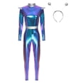 thumbnail image 2 of Aislor Womens Shiny Metallic Unitard Astronaut Jumpsuit with Alien Headwear Party Blue S, 2 of 7