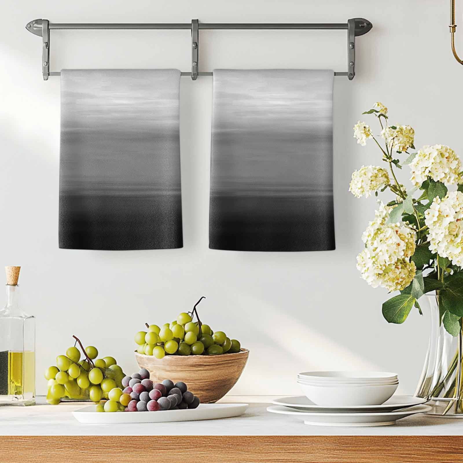 Dish Towels, Black Grey Absorbent Kitchen Towels 2 PCS, Gradient Pure Color Microfiber Hand Towels Dish Cloths Tea Towels for Home&nbsp;Bathroom Cleaning Drying,18X28-Inch,