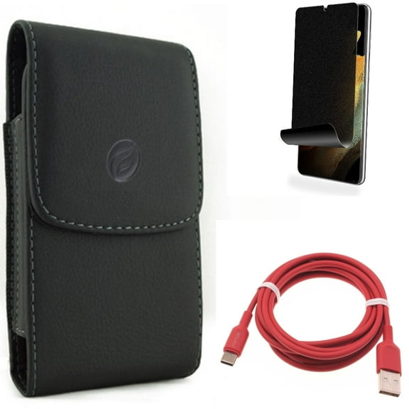 Privacy Screen Protector & Case Belt Clip & 6ft USB-C Cable for Samsung Galaxy S22 Plus (S22 ) - Combo TPU Film (Fingerprint Works) Anti-Peep & Leather Holster Cover & Red Charger Cord Power