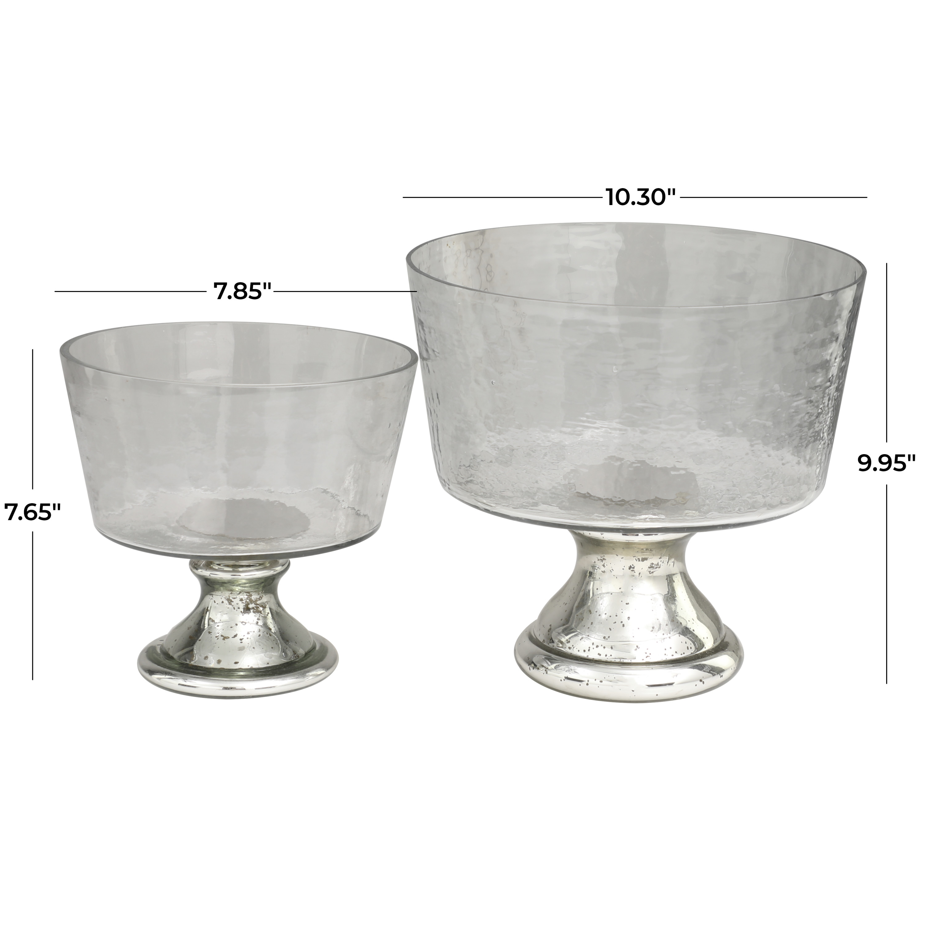DecMode 10", 8"H Round Smokey Silver Glass Decorative Bowl with Mercury Glass Pedestal Base, Set of 2
