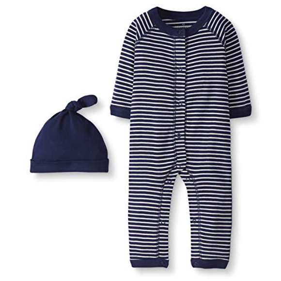 Moon and Back Kid's Snap Front One Piece Coverall with Cap Set Pants, Navy, 0-3 months