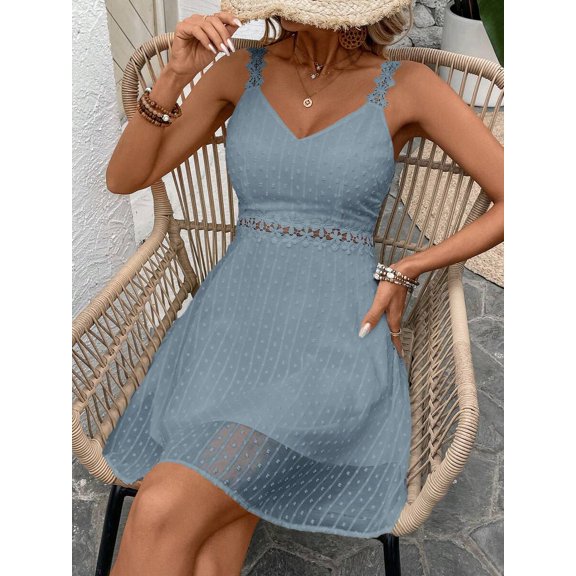 Dusty Blue Womens Sleeveless V-Neck Lace-Trimmed Eyelet Casual Vacation Dress