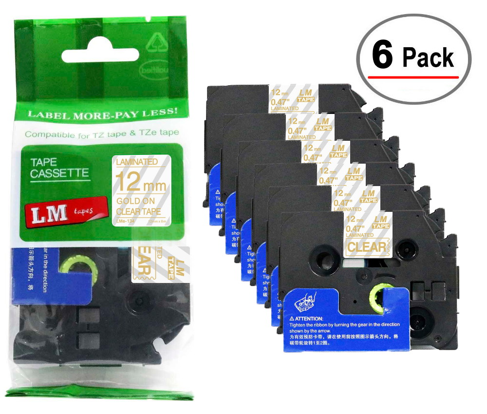 LM Tapes 6/Pack Premium 1/2" Gold Print on Clear Label Compatible