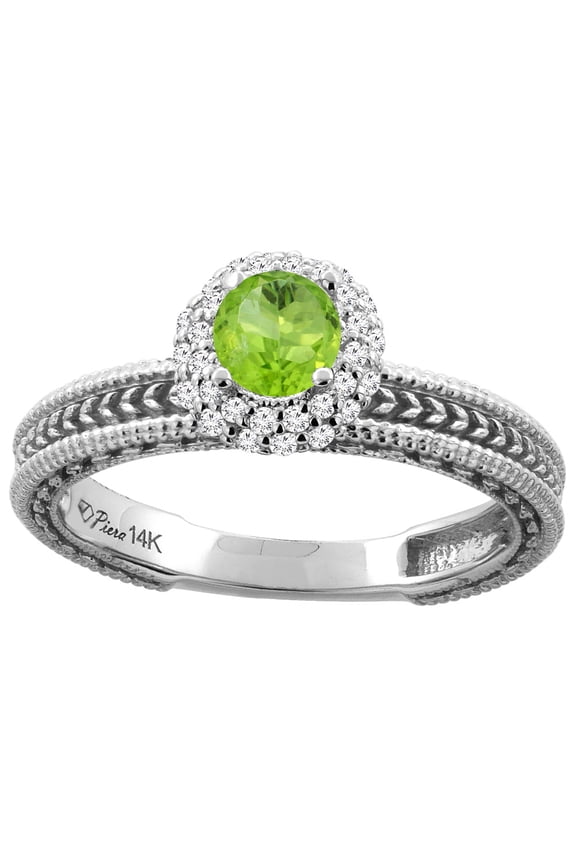 14K White Gold Natural Peridot & Diamond Engagement Ring Round 5 mm, size 10