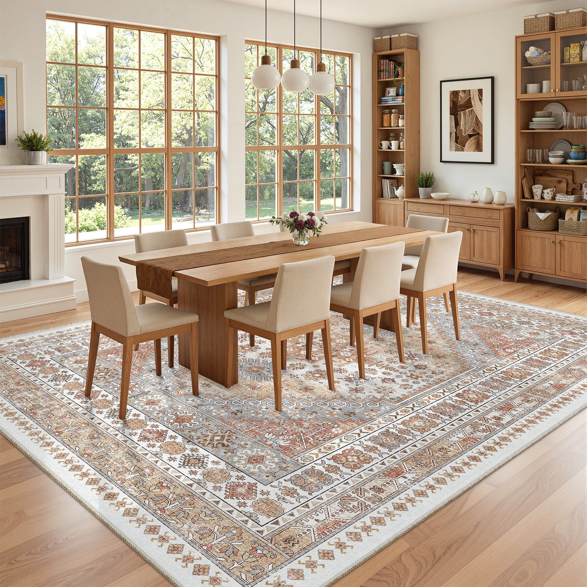 Roxstand Washable Area Rugs 8x10, Stain Resistant Lightweight Vintage Rugs for Living Room, Non Skid Farmhouse Bedroom Rugs(8'x10', Vintage03-Orange)