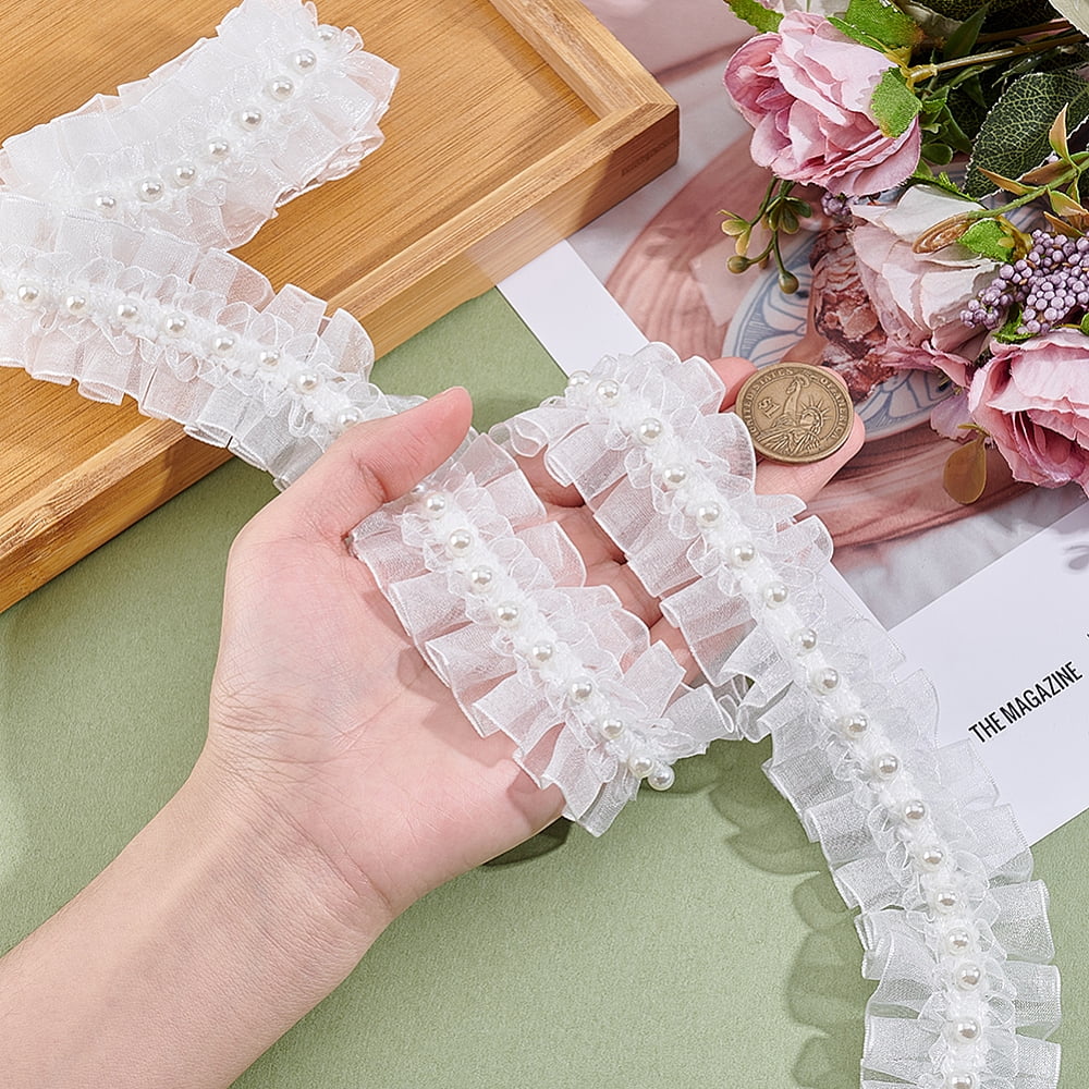 5M Chiffon Flower Lace Trim Ribbon with Imitation Pearl for Garment Accessories Gift Decoration White 1-5/8 inch(40mm) for DIY