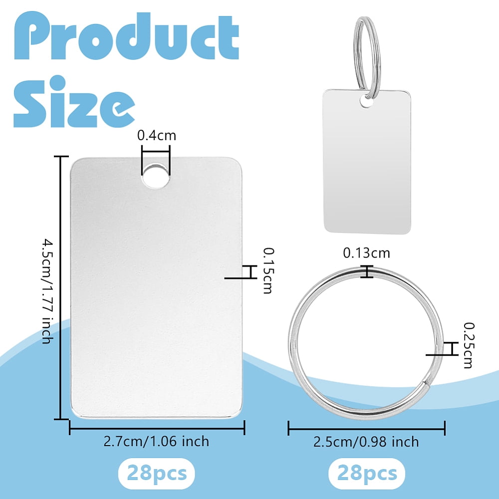 28Pcs Metal Engraving Blanks 1.8x1 Inch Rectangle Stainless Steel Stamping Blanks with Key Rings Round Blank Tags Metal Tags with Holes Stamping
