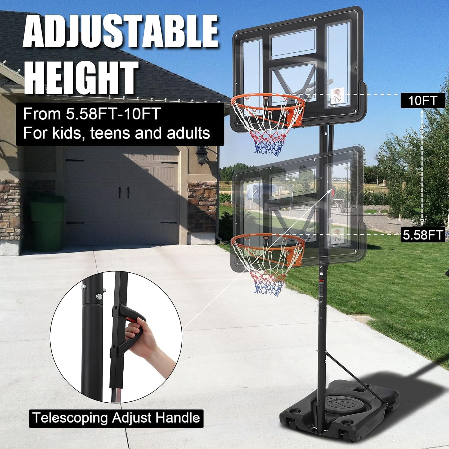 Adjustable Basketball Hoop 5.58–10FT, Outdoor Portable Basketball System with PC Backboard & Heavy Base, for Adults & Kids, Height Adjustable Goal for Driveway, Backyard, Indoor Use with Wheels