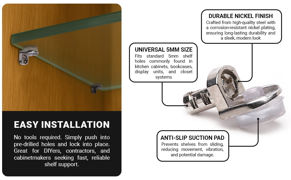 100 Pack 5mm L-Shaped Shelf Pins with Suction Pad – Easy Lock Cabinet Shelf Supports – Heavy Duty Nickel Plated Pegs for Glass and Wood Shelves