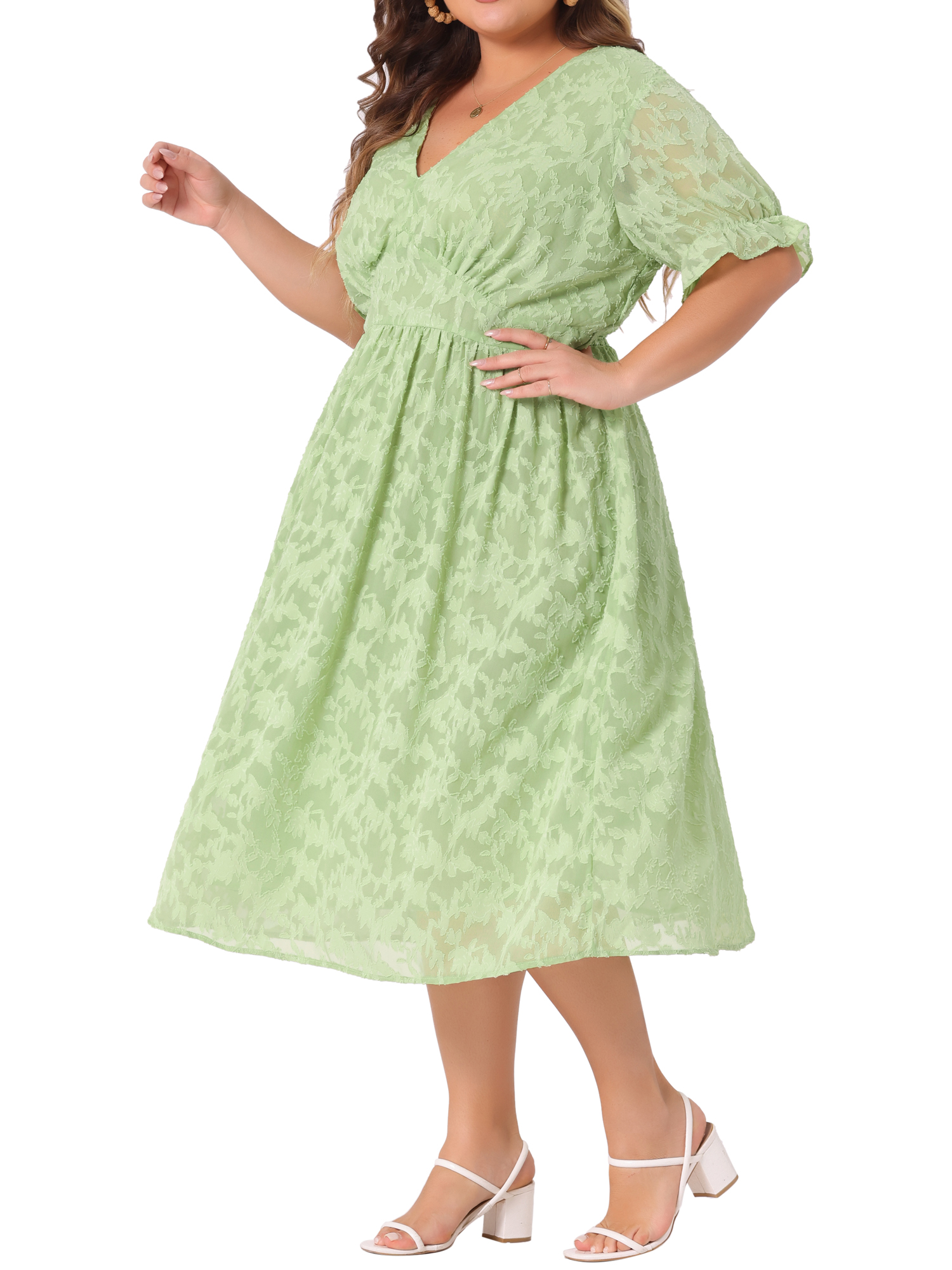 DARING DIVA Plus Size Midi Bubble Sleeve Semi Sheer Fit Flare Dress 4X Grass Green