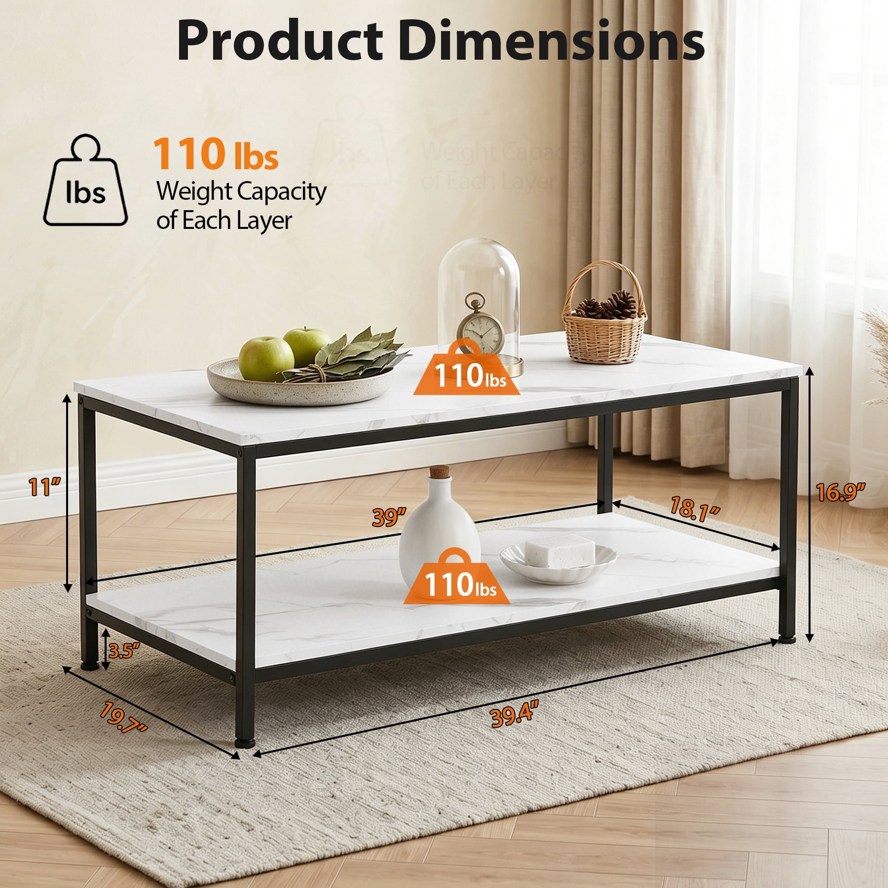 HomGarden 39.4" Modern Rectangle 2-Tier Coffee Table Wood Cocktail Table Home Office, Marble White